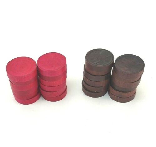 Wood Embossed Checkers 24 Pieces Dark Brown & Red/Pink Vintage Used Condition - Picture 5 of 5