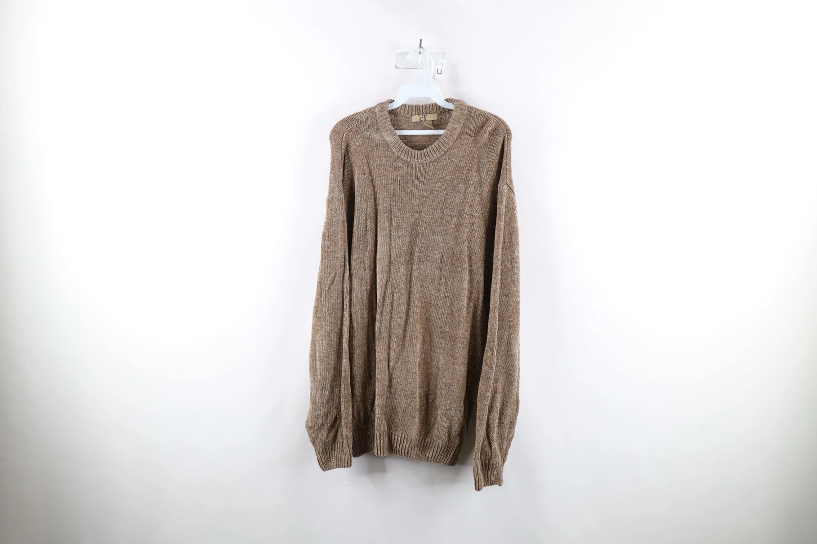 Vtg 90s Streetwear Mens Large Faded Blank Textured Knit Crewneck Sweater Beige