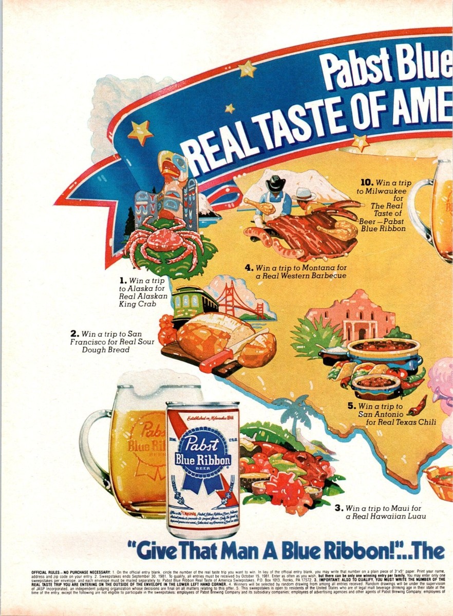 1981 Pabst Blue Ribbon Beer PBR Taste of American 2pg Vintage
