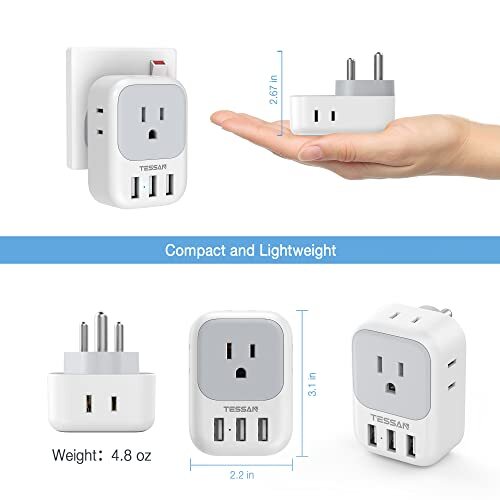 US to India Plug Adapter, 7 in 1 Power Adapter with 4 AC Outlets 3 USB Chargi...