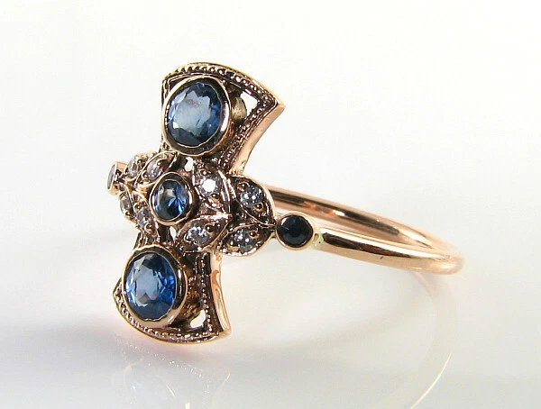 Anillo de Cluster Art Deco 9K 9CT Oro Rosa Zafiro Diamante Rosa