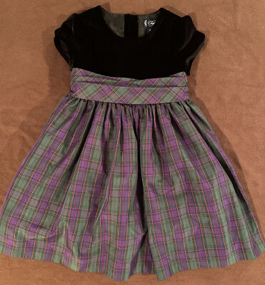Girls Short Sleeve Winter Dress Black Velvet Size 4T CHAPS Green Plaid  Skirt