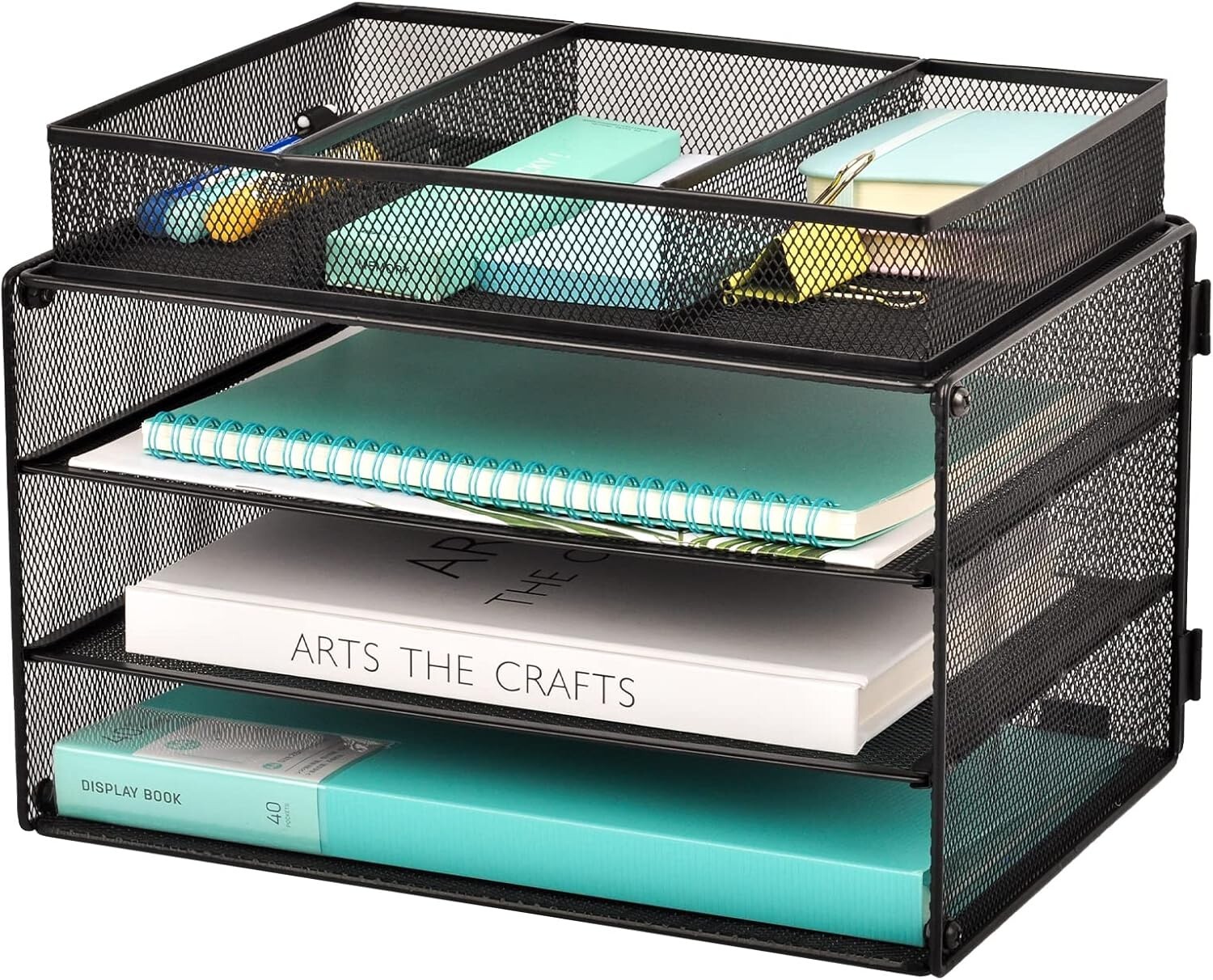 3-Tier Mesh Paper Organizer Tray with Drawer for Desk Files Letters  -image