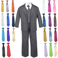 6pc Baby Toddler Kid Formal Wedding Tuxedo Boy Dark Gray Suit  Ex Tie Set S-8