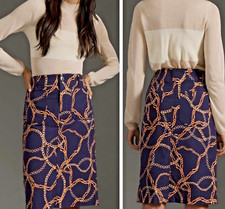 NWT ANTHROPOLOGIE MAEVE COLETTE PENCIL MIDI SKIRT NAVY CHAIN NAUTICAL NAVY XL