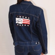 Womens Tommy Hilfiger Denim Jacket Dark Blue Flag Motif Gems Size M