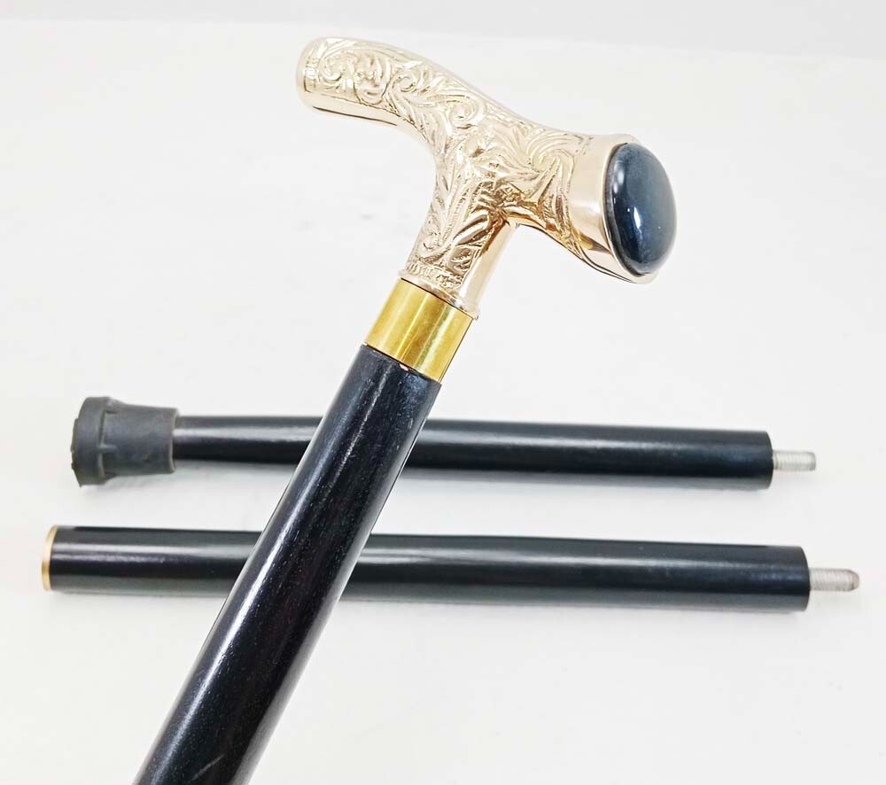 Solid Brass Victorian Engraved Handle Wooden Walk… - image 1