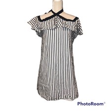 Alice + Olivia Alexia Off the Shoulder Dress vertical stripe black white size M