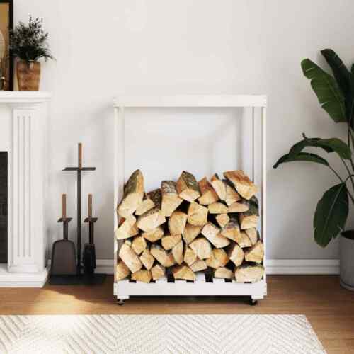 vidaXL Log Holder with Wheels White 76.5x40x108 cm Solid Wood Pine - Picture 1 of 9