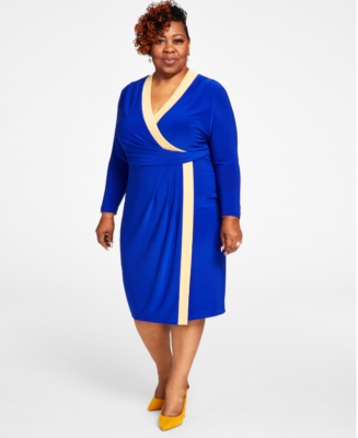 Kasper Surplice V-Neck Long Sleeve Dress Royal Blue Gold Plus Size