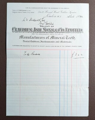 1932 Claudius Ash Sons & Co., Dental Supplies & Mineral Teeth, London Rechnung