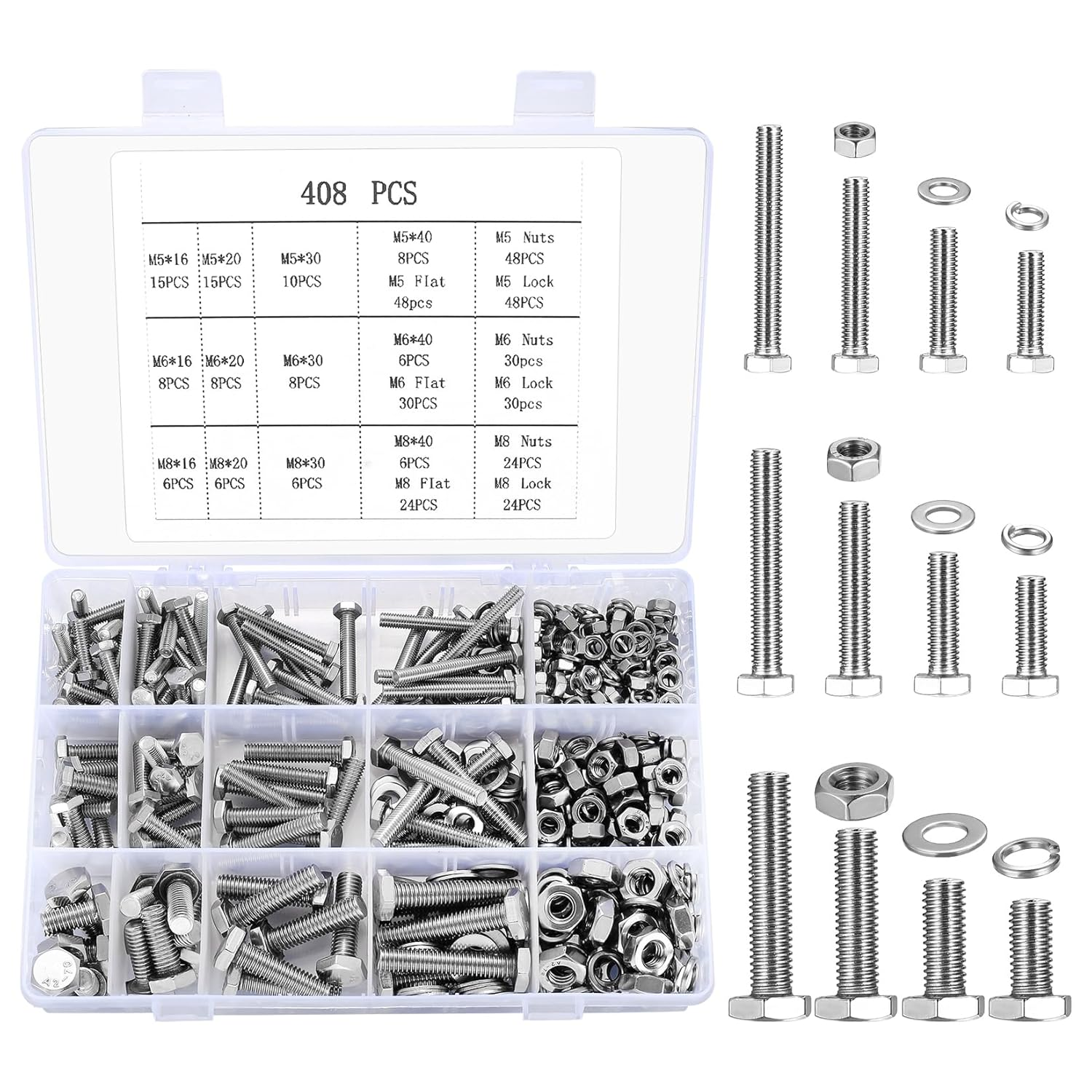 408 Pcs Hex Bolts and Nuts Set, M5 M6 M8 Machine Bolts and Hex Nuts