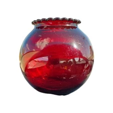 Vintage Anchor Hocking Royal Ruby Red Glass Ivy Ball Vase Ruffled Rim 4" x 4"