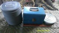 12 Vintage Brumberger reel tins  blue metal film reel storage carrying case