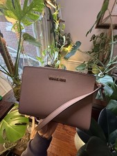 Michael Kors Beige Saffiano Zip Crossbody, Detachable Adjustable Strap, Gold