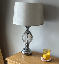 Modern Silver Table Lamp, Faceted Clear Glass Base, Beige Drum Shade, E27
