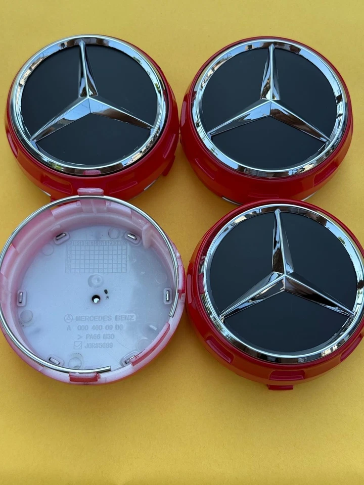 Set of 4 Mercedes Benz Matte Black/Red outlined Center Caps 2.95 Inch/75mm Foto 3 de 4