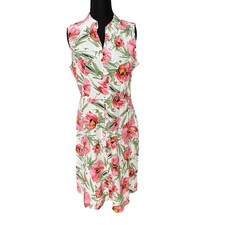 Tahari Floral Poppy Print Sleeveless Linen Blend Midi Dress White Pink Green S