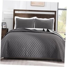 Reversible Size Quilt Bedding Set with Pillow Shams, King Charcoal/ Grey