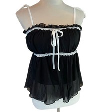 Coquette Lace Trim Babydoll Cami Top Y2K Fairy Grunge Sheer Chiffon Ribbon