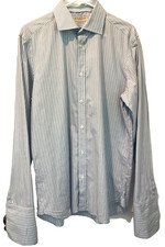 BURBERRY LONDON Mens Dress Shirt 16 41 Blue White Stripe Long Sleeve French Cuff