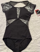 NWT CAPEZIO Lunar Cap Sleeve Black Leotard with Mesh 11550W Adult Medium