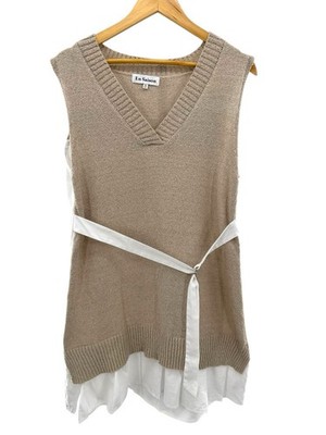 En Saison Sleeveless Knit Tunic Top M Beige Sweater Vest Shirt Hem Tie Waist