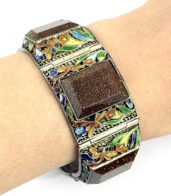 Antique Chinese Export Sterling Silver Filigree Enamel Goldstone Bracelet