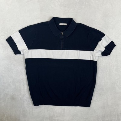 Mango MNG Man Polo Shirt Mens Large Blue White Stripe 1/4 Zip Short Sleeve Knit