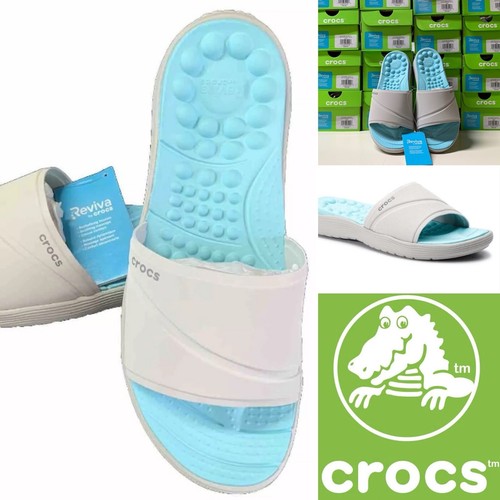 Crocs Women's Reviva Slide Sandal ~ Pearl White / Ice Blue ~ Size 10 W ~ NEW