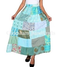 Turquoise Vintage Indian Rayon Patchwork Hippy Gypsy Boho Maxi Women Long Skirts