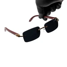 High Quality Mens Black Tint Rimless Gold Frame Wood Vintage Hip Hop Sunglasses