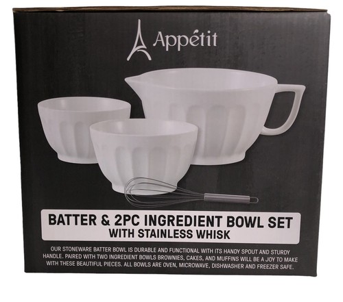 Appetit Batter & 2 Piece Ingredient Bowl Set w/Stainless Whisk New in Box  White - Picture 4 of 7