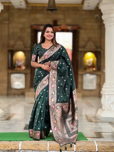 Designer Teal Green Heavy Weaving Zari Meenakari Work Sari Silk Party Wear Saree