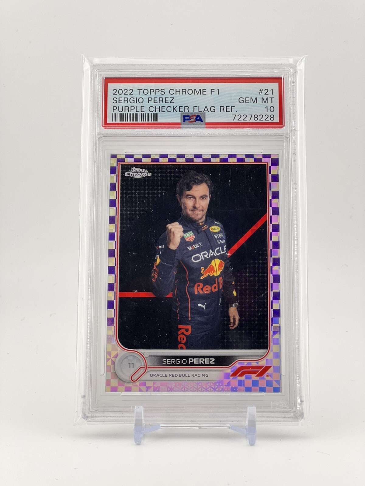 2022 Topps Chrome F1 Sergio Perez #21 PURPLE CHECKER FLAG Portrait /199 PSA 10