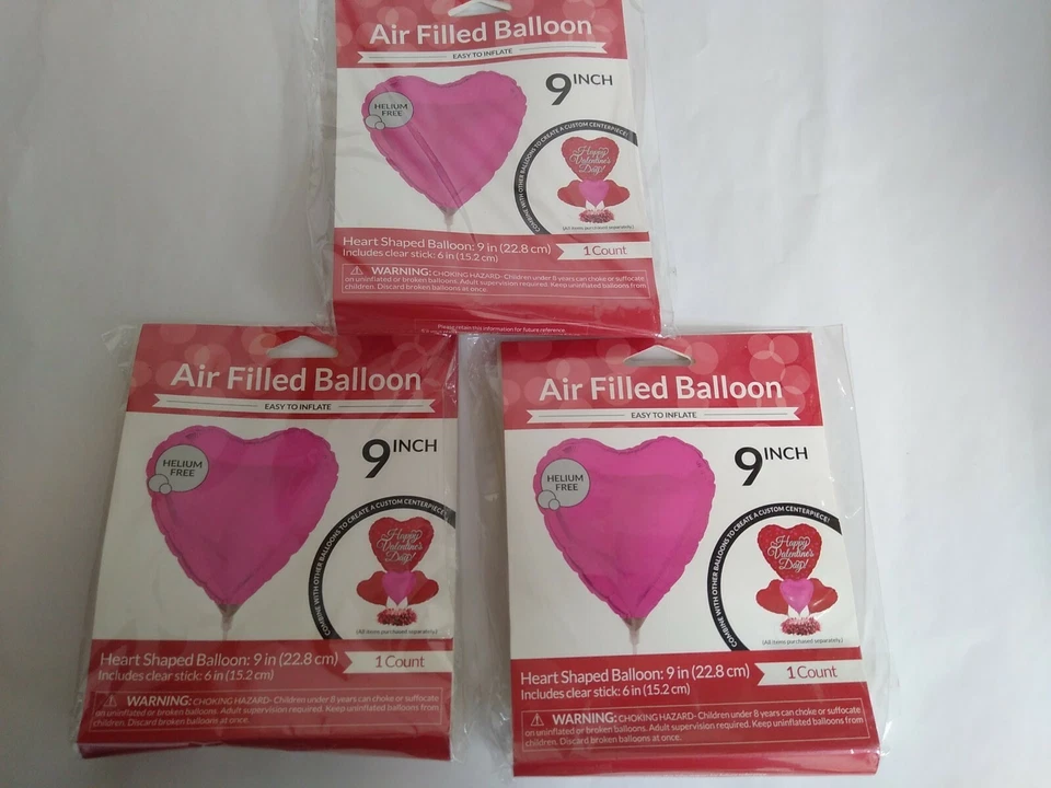 Set of 3 Pink 9 in. Heart Shaped Balloon Easy to inflate helium free  - Image 2 of 3