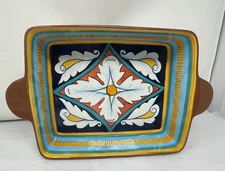 Vintage Lillian Vernon Terracotta Casserole Baker Pan Glazed Dish Blue Brown MCM