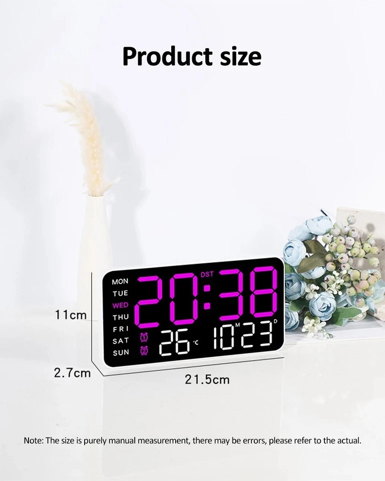 Voice Control DST Digital LED Mirror Wall Clock Alarm Temp Date Week Brightness - Image 2 of 4