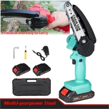 6" Electric Mini Chainsaw 24V Handheld Cordless Wood Cutter w/ Chain & 2 Battery