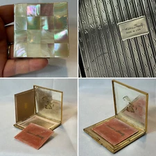 Vtg American Beauty Mother Of Pearl Compact Makeup Mirrored Powder Box w/ Puff