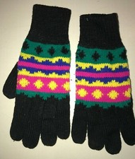 girls BLACK KNIT WINTER GLOVES bright colorful design AGES 6 TO ABOUT 10 YEARS c