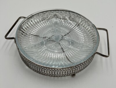 VINTAGE MCM GLASS HOSTESS CONDIMENT TRAY Tri 3-Section Divided Serving Dish 