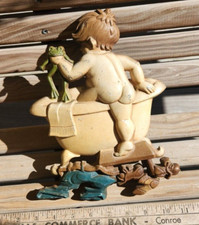 Vintage Sexton 1970 Cast Metal Wall Art Hanging Little Boy  Frog Taking A Bath