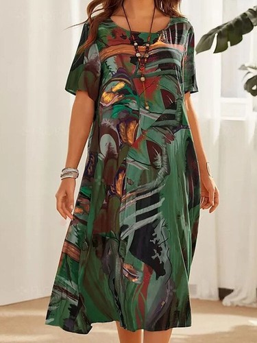 Retro Boho Print Maxikleid Damen Urlaub Freizeit Kurzarm Kleider Übergröße - Bild 8 von 14