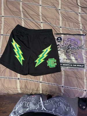Eric Emanuel Men s Black Mesh Athletic Shorts M Lightning Graphic Elastic Waist