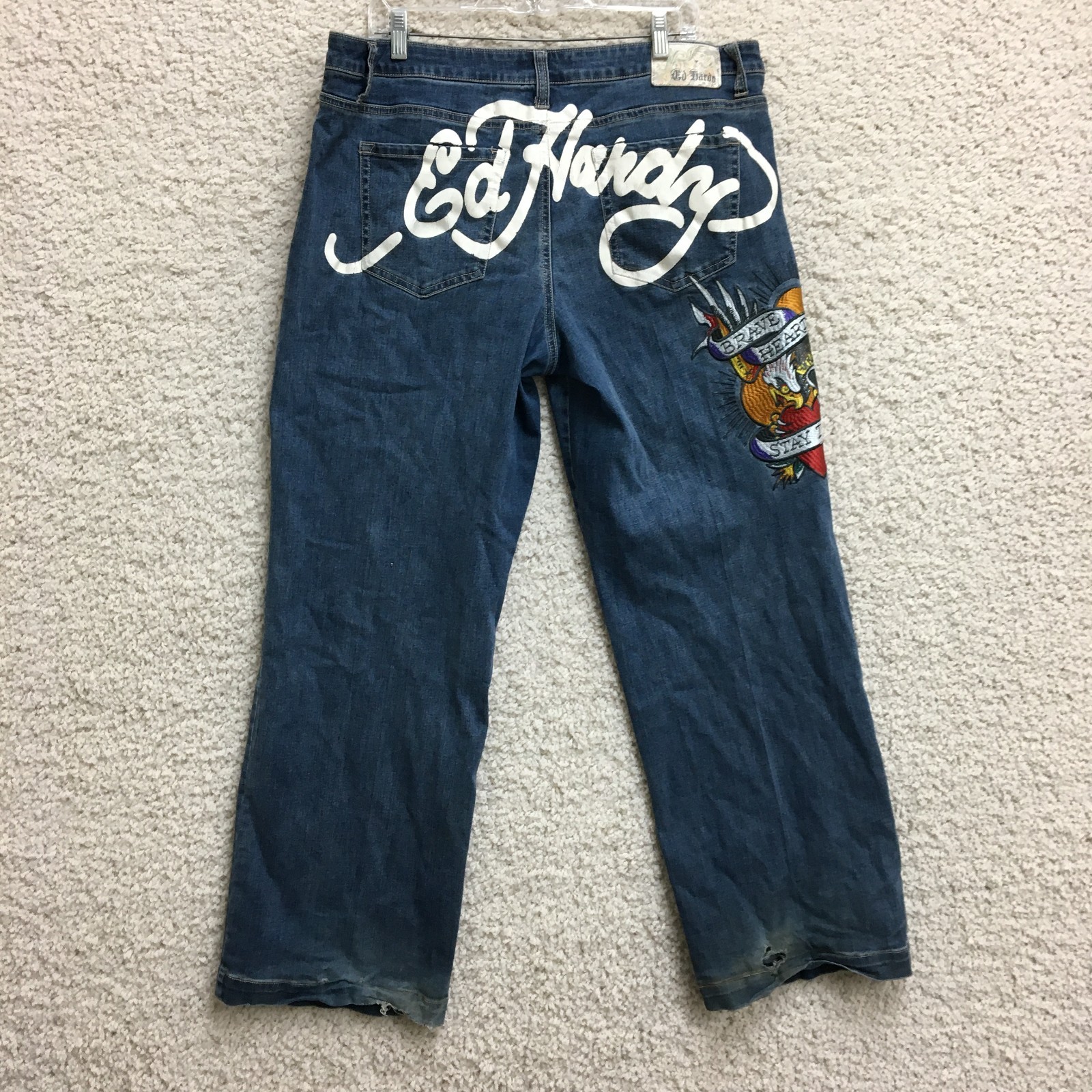 VINTAGE Ed Hardy Jeans 34 Womens Embroidered Denim Baggy Skater Loose Tattoo Y2K