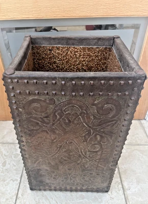 Antique Victorian Art Deco Oak Stick and Umbrella Stand with Embossed Leather - Image 1 of 4