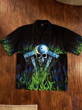 Y2K Skull Green Flames All Over Print Button Up Shirt Jnco Style Guy Fieri Biker