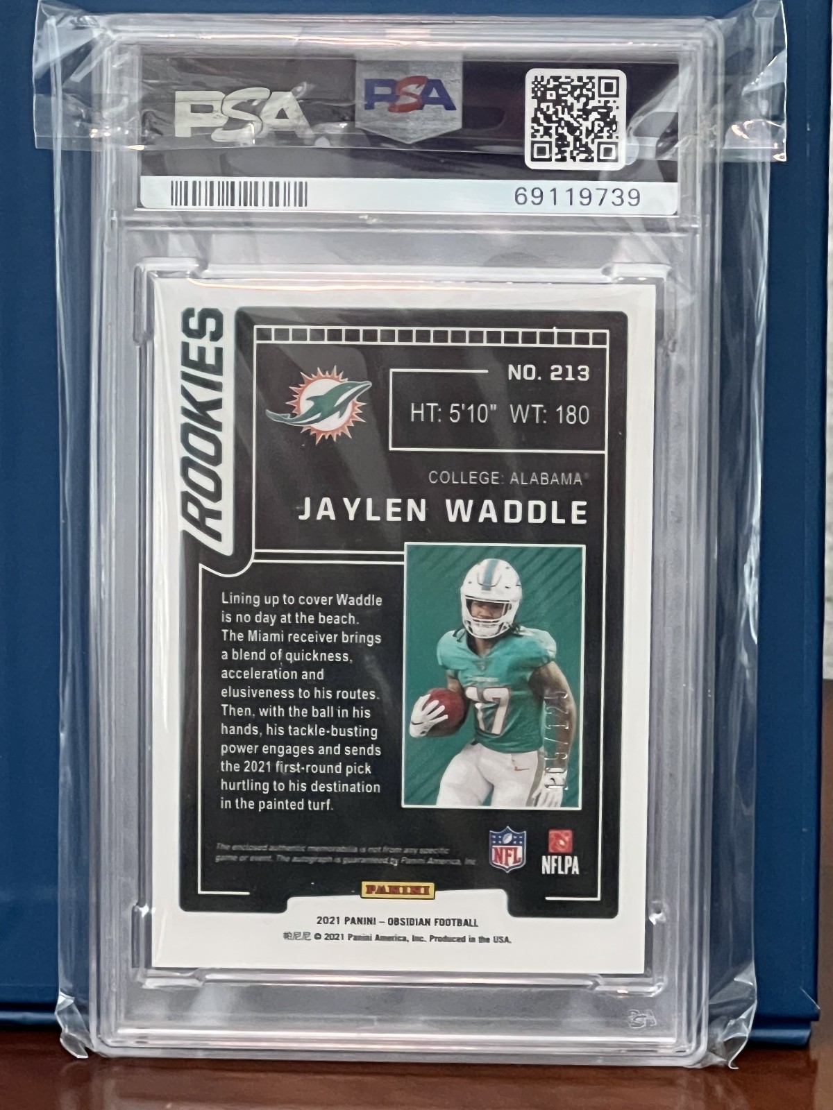 2021 Obsidian Jaylen Waddle RC Jersey Auto /125 PSA 8 AUTO 10 #213 view 3
