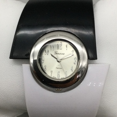 Geneva Platinum Watch Women 41mm Black White Tone Cuff Bangle New Battery 6.75''
